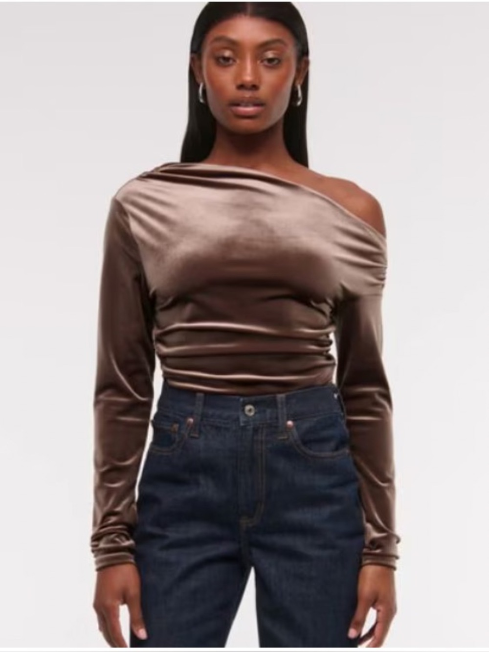Abercrombie & Fitch Blouse Womens Medium Brown Velvet Off Shoulder Ruched Top